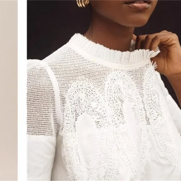 Women Lace-Detail Flared Blouse Short-Sleeve Crew Neck Lace Poplin Mesh - Picture 4 of 7